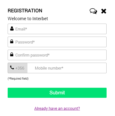 Регистрация в букмекерской конторе Interbet